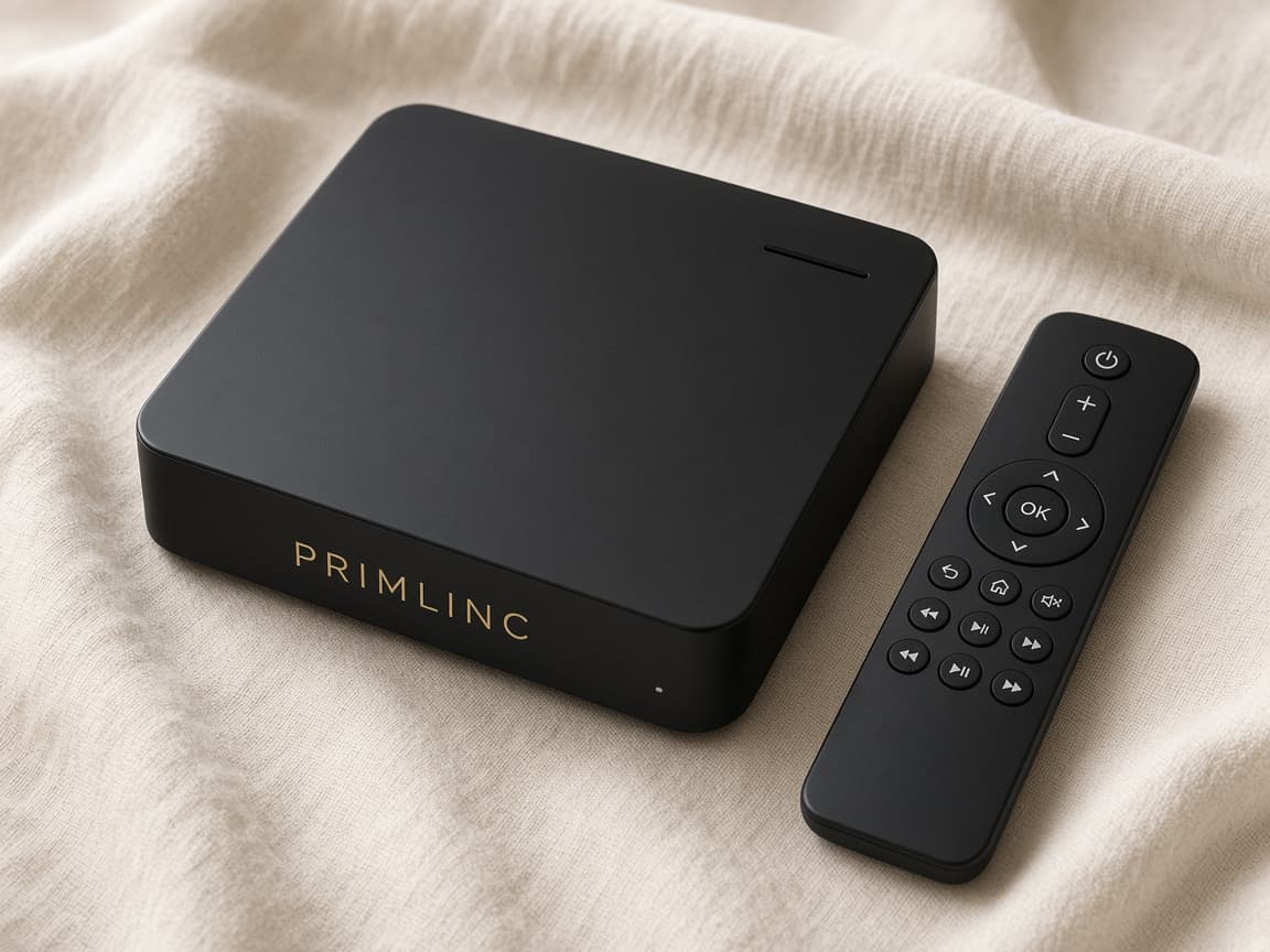 Primlinc IPTV box with its remote on linen