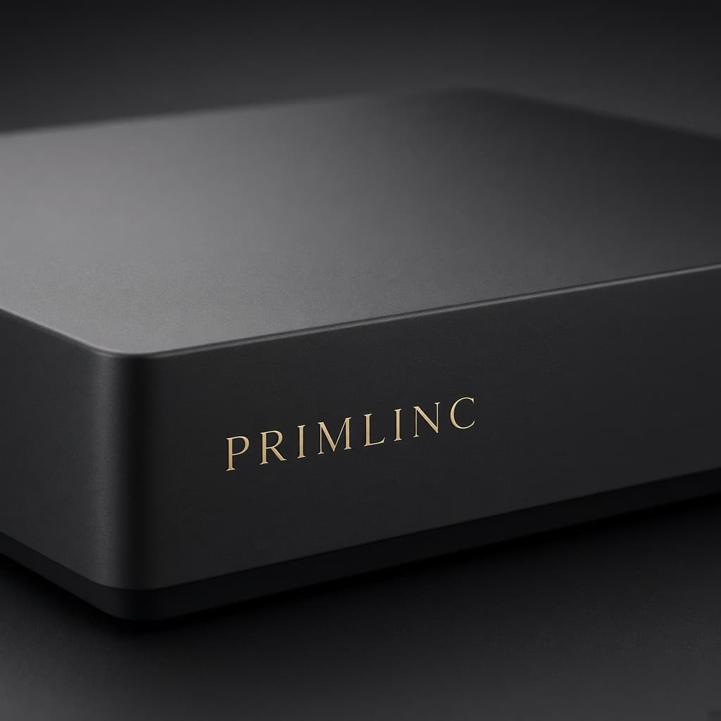 Close view of the Primlinc name on the IPTV box