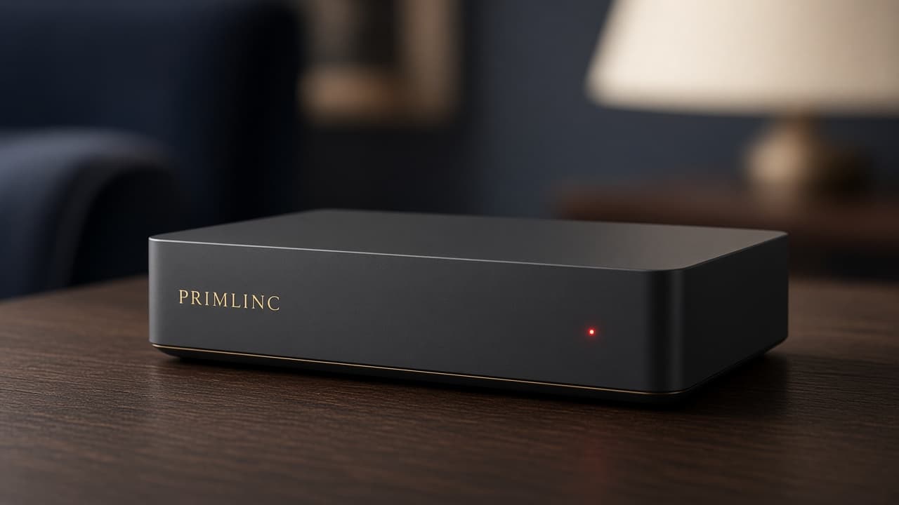 Primlinc IPTV box in matte charcoal with gold lettering