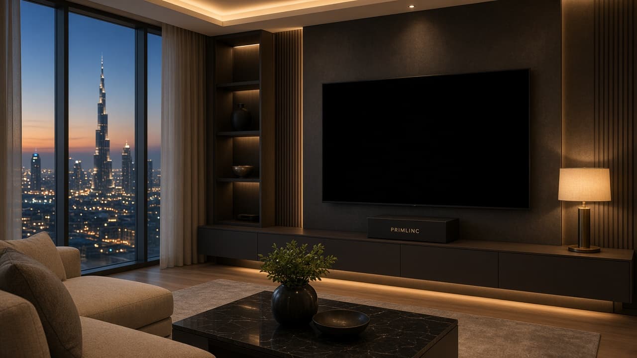 Primlinc IPTV box beneath a television in a Dubai living room